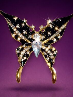 Black Enamel Crystal Butterfly Brooch Gold Tone Rhinestone Statement Pin
